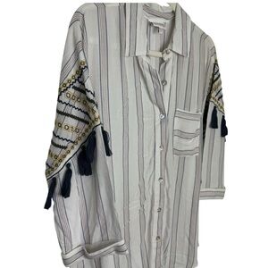 Shyanne White Blue Striped Button Down Shirt With Embroidery and Tassels Size M
